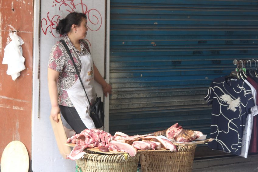 A rare sight as from this week in northern China: pork sold on live markets. Photo: Vincent ter Beek