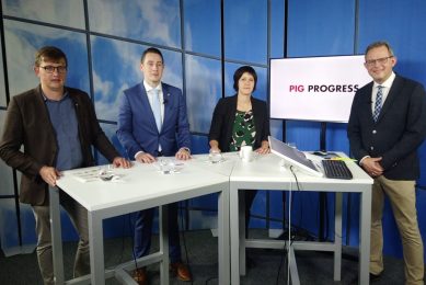 The line-up of the webinar, from left to right: Kobe Lannoo, Nuscience; Matias Jansen, Kemin; Angela van der Sanden, Connecting Agri&Food and Vincent ter Beek, Pig Progress.