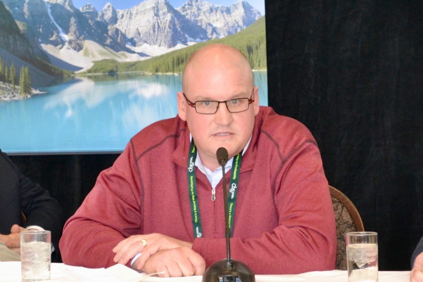 HyLife president, Claude Vielfaure, at the Banff Pork Seminar in 2014.