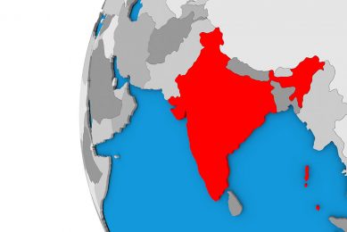 3D map of India focused in red on simple globe. 3D illustration; Shutterstock ID 529708327; Purchase Order: Pig Progress