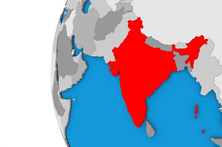 3D map of India focused in red on simple globe. 3D illustration; Shutterstock ID 529708327; Purchase Order: Pig Progress