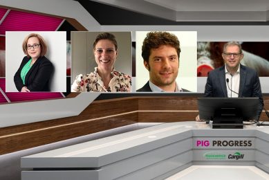 The line-up of the webinar, with from left to right: Dr Casey Bradley, Delphine Van Zele, Graziano Mantovani and Vincent ter Beek (host). - Photo: Company Webcast