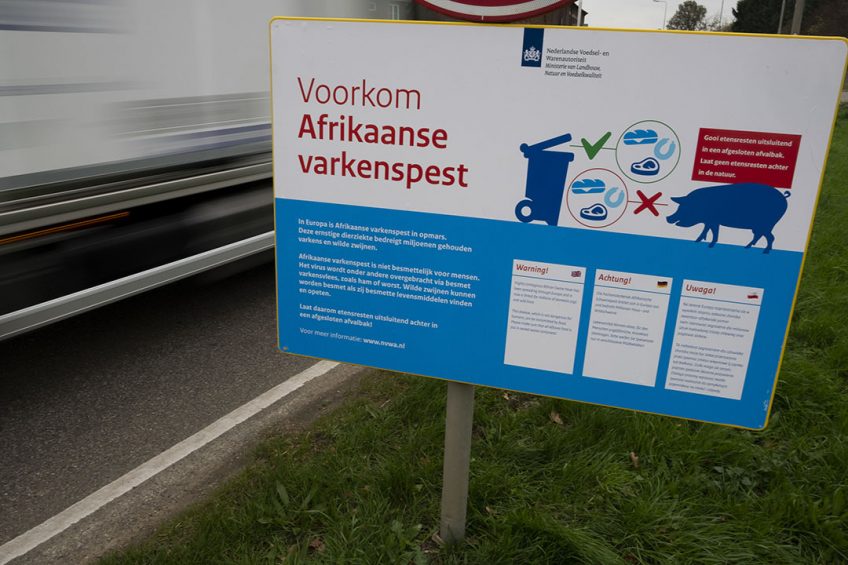 Road signs in the Netherlands appeal to drivers of cars and trucks to pay attention to the risk of ASF   and not dispose of any garbage into the environment. Photo: Twan Wiermans