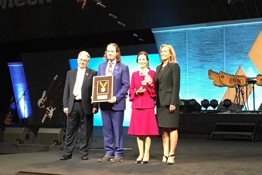 Dr Pearse Lyons' son Mark and wife Deirde receive the awards for Dr Lyons  achievements. Photo: Fabian Brockötter