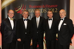 Pictured at the Business & Finance Awards 2012 in Dublin's Convention Centre where Dr. Pearse Lyons was awarded Business Person of the Year 2012. L to R : Dr Pearse Lyons Alltech / Terence O'Rourke KPMG / New York Stock Exchange's Duncan Niederaruer / Ian Hyland Publisher Business & Finance / Dermot Desmond.