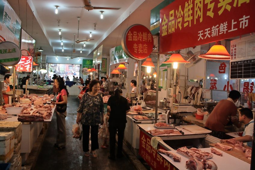 Pork for sale on a wet market in Shanghai, China. Prices for pork have been strong in recent times.