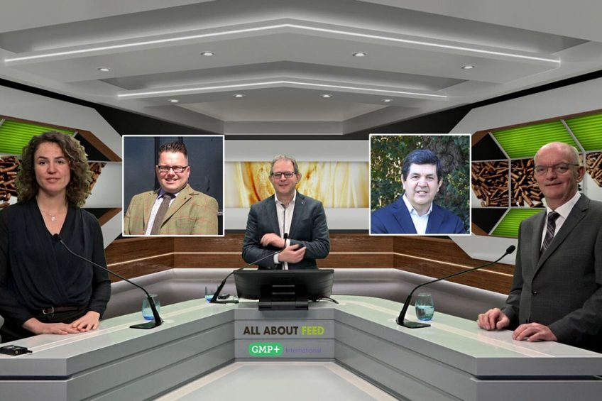 The line-up of the webinar, with in the studio speakers Mia Lafontaine, Trouw Nutrition (left) and Johan den Hartog, GMP+ International (right). Portraits are from John Kirkpatrick, Tesco (left) and Dr Wolfgang Peralta, Agrosuper (right). - Photo: Company Webcast