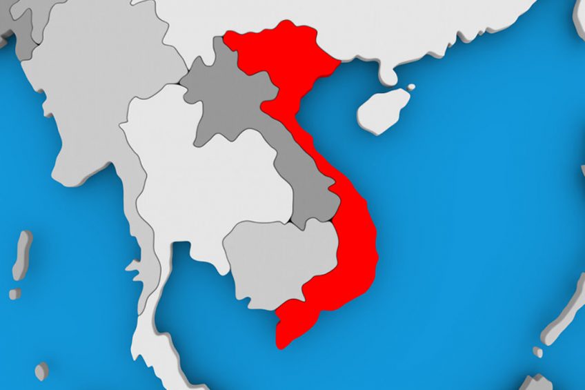 Vietnam in red on political map. 3D illustration.
