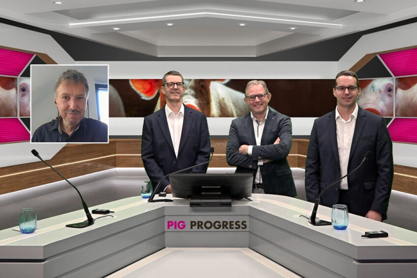The line-up of the webinar of October 28, with from left to right Prof Dr Jürgen Zentek, Free University; Niels Poulsen, Phileo by Lesaffre; Vincent ter Beek, Pig Progress; and Vincent Bégos, CCPA Group. - Photo: Company Webcast