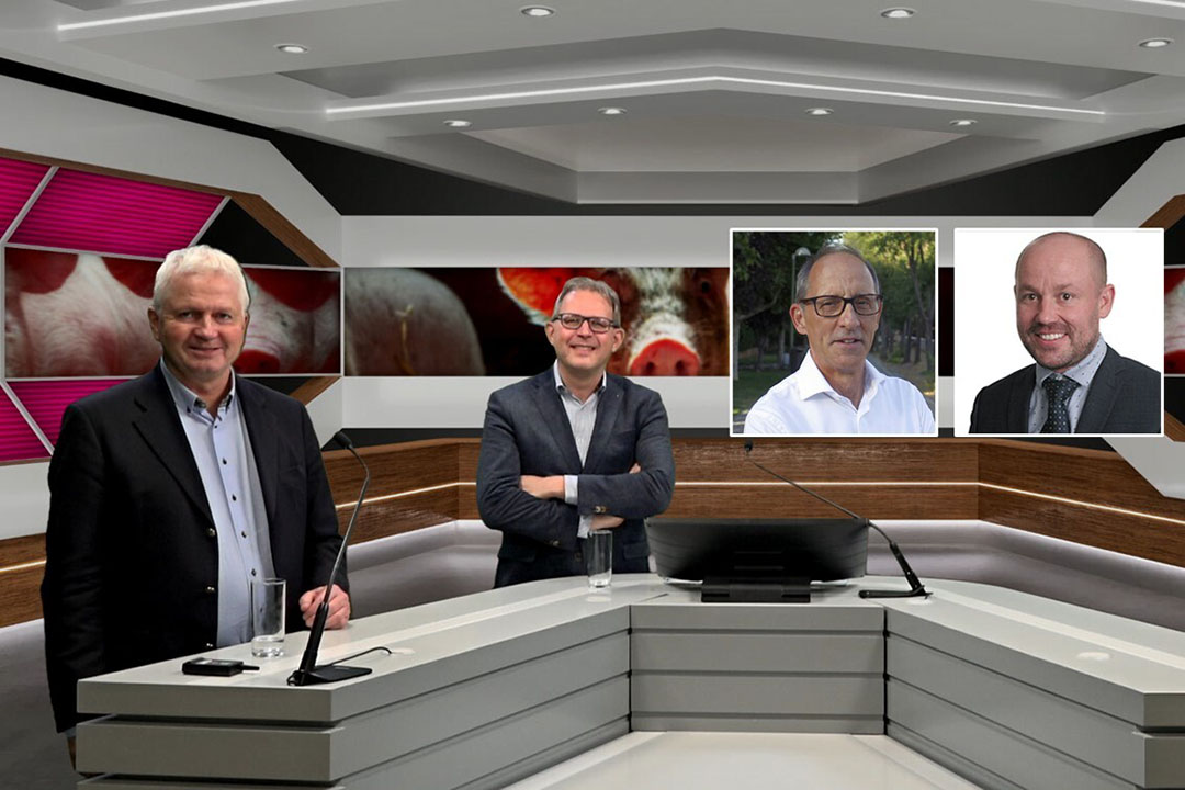 Pig Progress editor, Vincent ter Beek (right) is joined in studio in the Netherlands by Dr Albert van Dijk (Schothorst Feed Research), and virtually by José Maria Ros Felip (Perstorp Animal Nutrition) and Daniel Šperling (Ceva Santé Animale). Photo: Company Webcast