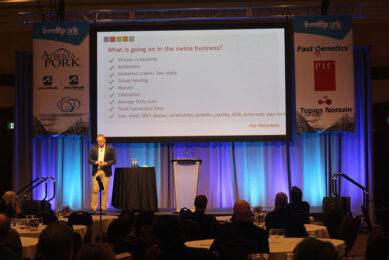 Pig Progress editor Vincent ter Beek in action at the Banff Pork Seminar 2022. - Photo: Marc Klumper