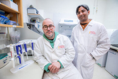 Luis Gimenez-Lirola, left, and Rahul Nelli in a lab at the ISU Veterinary Diagnostic Lab in Ames, IA, United States. - Photo: ISU