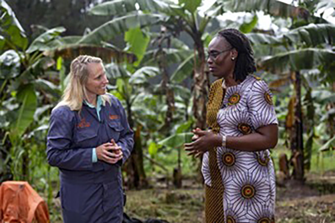 Kristin Peck, Zoetis CEO, meets Annette Keto, owner of Sebbi Farms in Uganda, to discuss the successes of the A.L.P.H.A. initiative. Photo: Zoetis