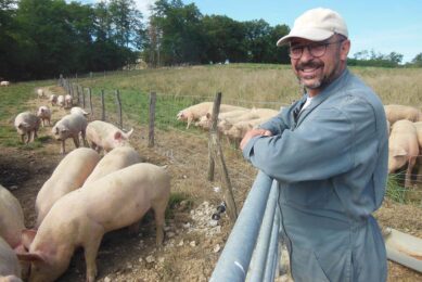 Eric Girard owns an outdoor facility near Domsure (Ain department, region Auvergne Rhône-Alpes). It consists of 22 ha of meadows, which are divided into 9 fields. Pigs are slaughtered at 12 months, at an average of 167 kg carcass weight. The target is to achieve 240 pigs/year. On average, 650 kg of feed is consumed/pig (on average € 250). Veterinary costs are below € 10/pig (one to two dewormings and erysipelas vaccination). Sales price is from € 5.30/kg carcass (cured meat) to € 5.50/kg (butchers. Photos: Philippe Caldier