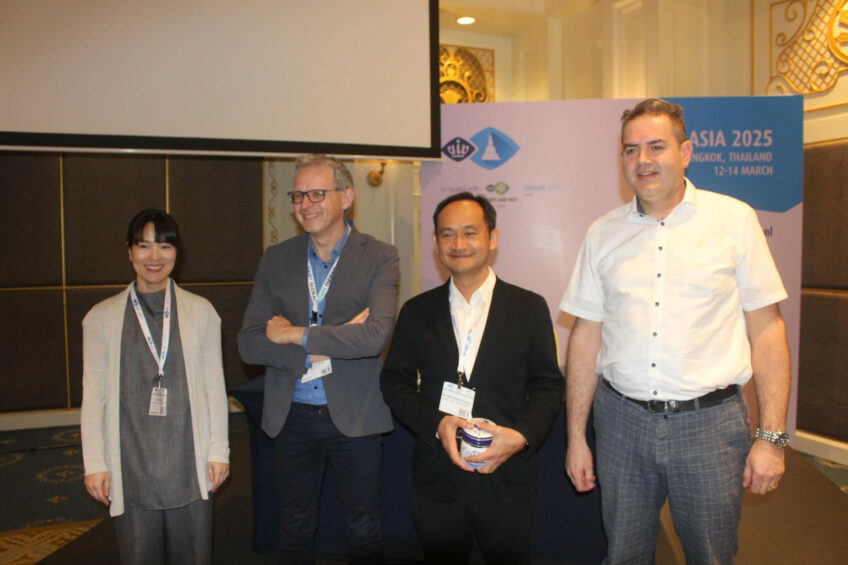 Speakers at the Pig Progress seminar on Gut Health at VIV Asia, from left to right: Yoko Noguchi, IFF; Vincent ter Beek, Pig Progress, Prof Dr Alongkot Boonsoongnern, Kasetsart University; and Dr Rutger Jansen, Boehringer Ingelheim. Photo: Iris Hofman