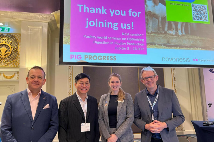 The line up of the Sustainability seminar at VIV Asia 2025, from left to right: Dr Grant Walling, Topigs Norsvin; Sakdid Anulomsombat, Betagro; Dr Lea Hübertz Birch Hansen, Novonesis and Vincent ter Beek, Pig Progress. Photo: Sophie ten Broek